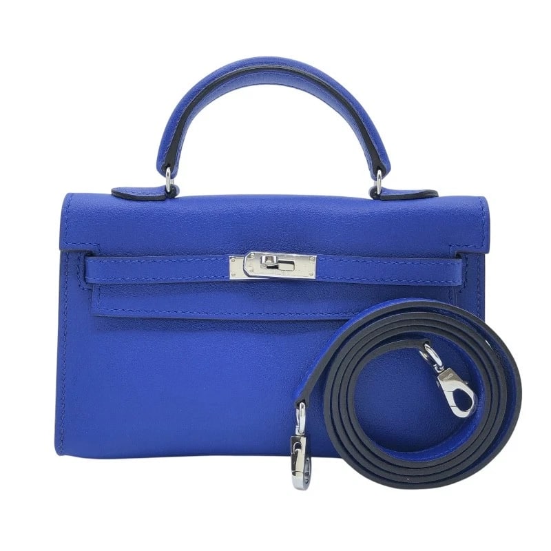 HERMES TINY KELLY SHOULDER BAG: HERMES tiny kelly Shoulder Bag Brand: HERMES Type: Shoulder Bag Material: Swift Color: Blue Electric SilverHardware Size: W3.5 x H1.8x D1.2inch Accessories: None Accessories Notice: When