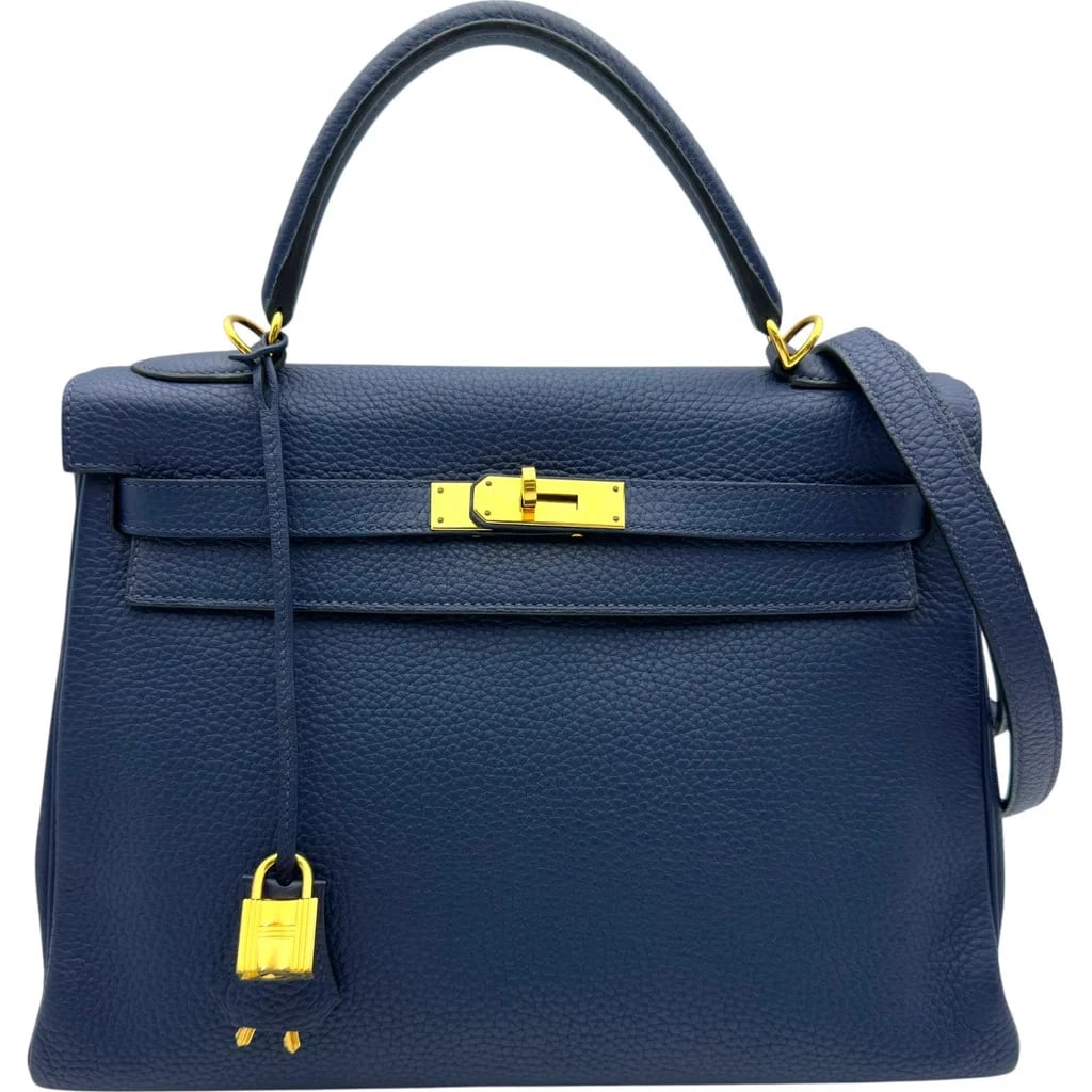 HERMES KELLY 32 HANDBAG TOGO LEATHER: HERMES Kelly 32 Handbag Togo Leather Brand: HERMES Type: Womwns Bag Material: Taurillon Color: Blue Sapphire Gold hardware Size: Width (approx.): 32cm Height (approx.): 23cm Depth (approx.): 10cm