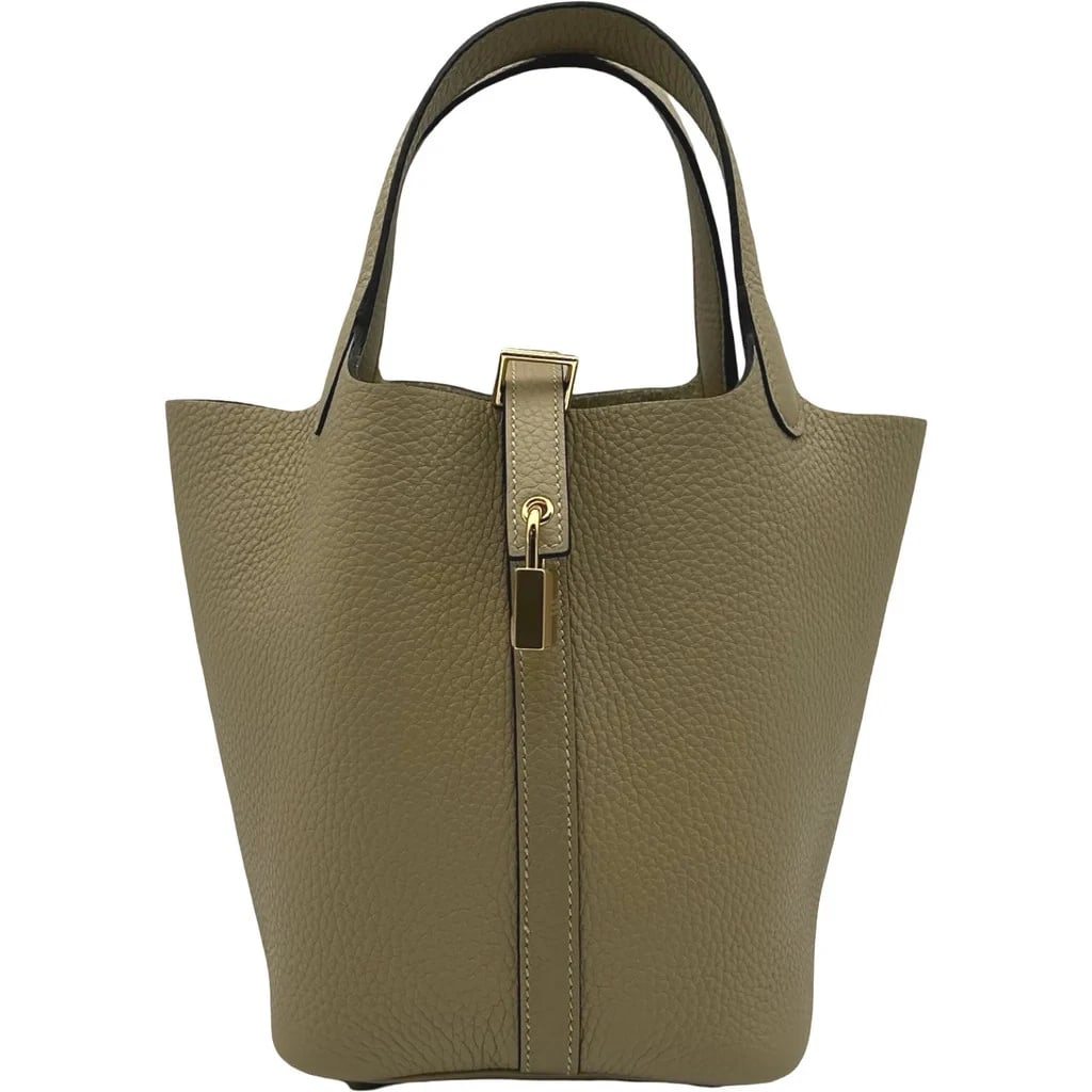 HERMES PICOTIN LOCK PM K TRENCH TOGO LEATHER HANDBAG: HERMES Picotin Lock PM K Trench Togo Leather Handbag Brand: HERMES Type: Womwns Bag Material: Taurillon Color: Trench coat with gold hardware Size: Width (approx.): 18cm Height (approx.): 19cm Dep