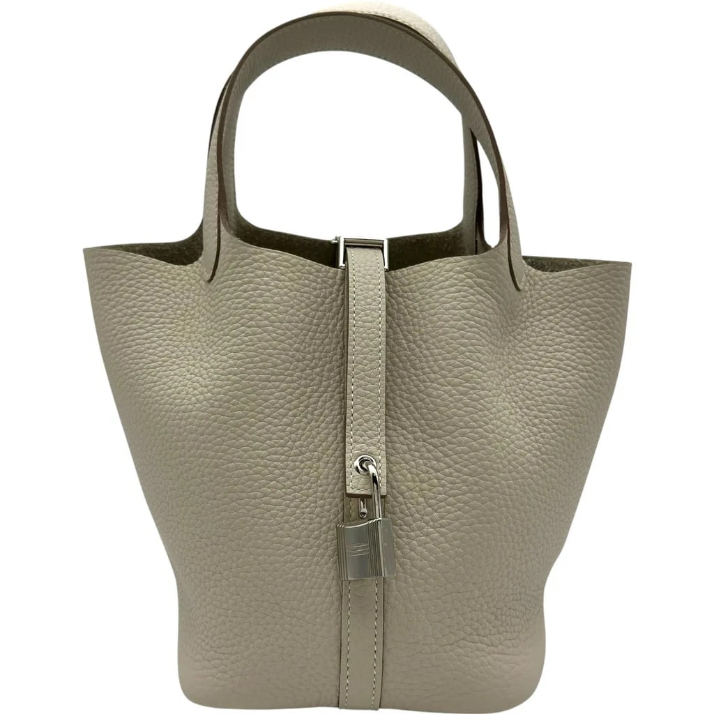 HERMES PICOTIN LOCK PM K TOGO LEATHER CRE?ME HANDBAG: HERMES Picotin Lock PM K Togo Leather Cre?me Handbag Brand: HERMES Type: Womwns Bag Material: Taurillon Color: Cle Silver Hardware Size: Width (approx.): 18cm Height (approx.): 18cm Depth (approx.): 1