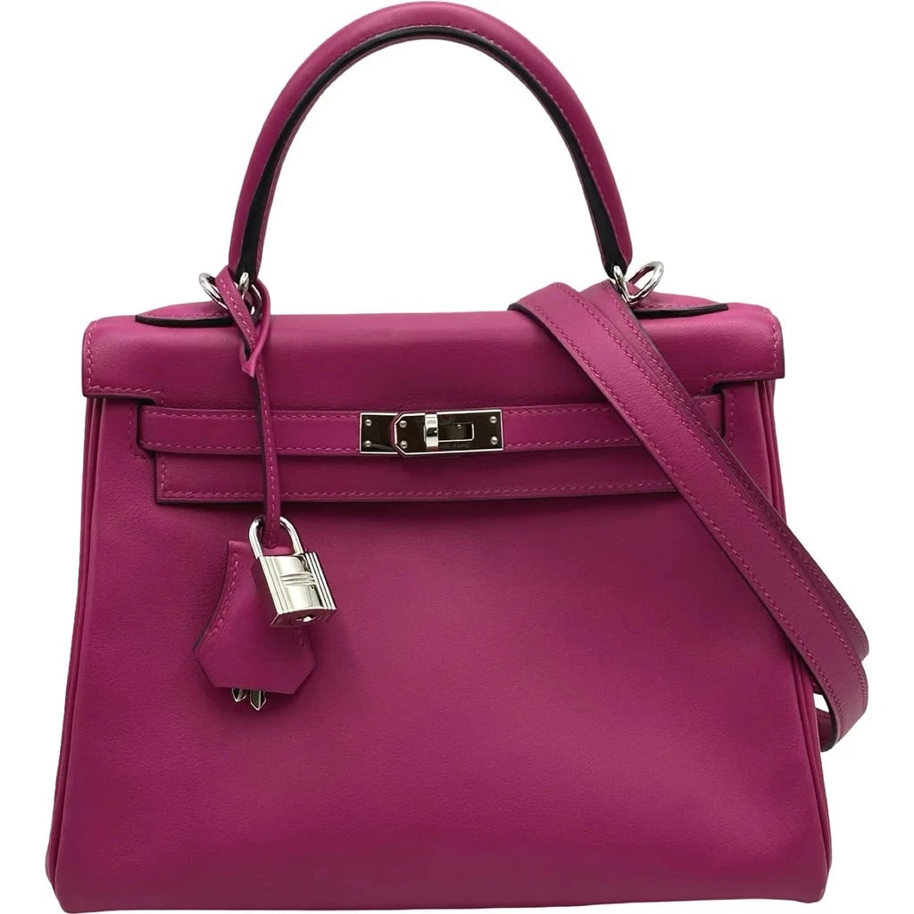 HERMES KELLY 25 SWIFT SHOULDER BAG ROSE: HERMES Kelly 25 Swift Shoulder Bag Rose Brand: HERMES Type: Womwns Bag Material: Swift Color: Rose purple, silver hardware Size: Width (approx.): 24cm Height (approx.): 18cm Depth (approx.): 9.5cm