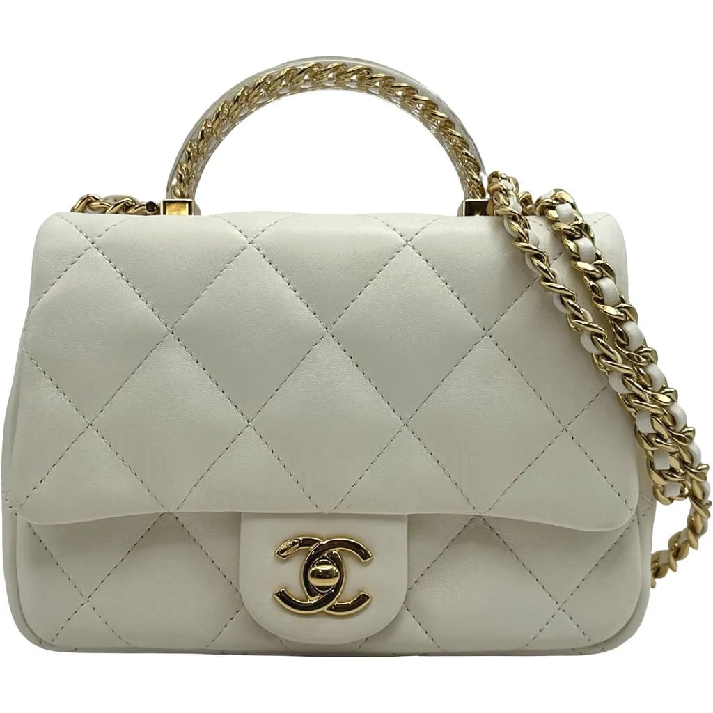 CHANEL TOP HANDLE FLAP SHOULDER BAG: CHANEL Top Handle Flap Shoulder Bag Brand: CHANEL Type: Womwns Bag Material: lambskin Color: white Size: Width (approx.): 19cm Height (approx.): 14cm Depth (approx.): 6cm Accessories: None