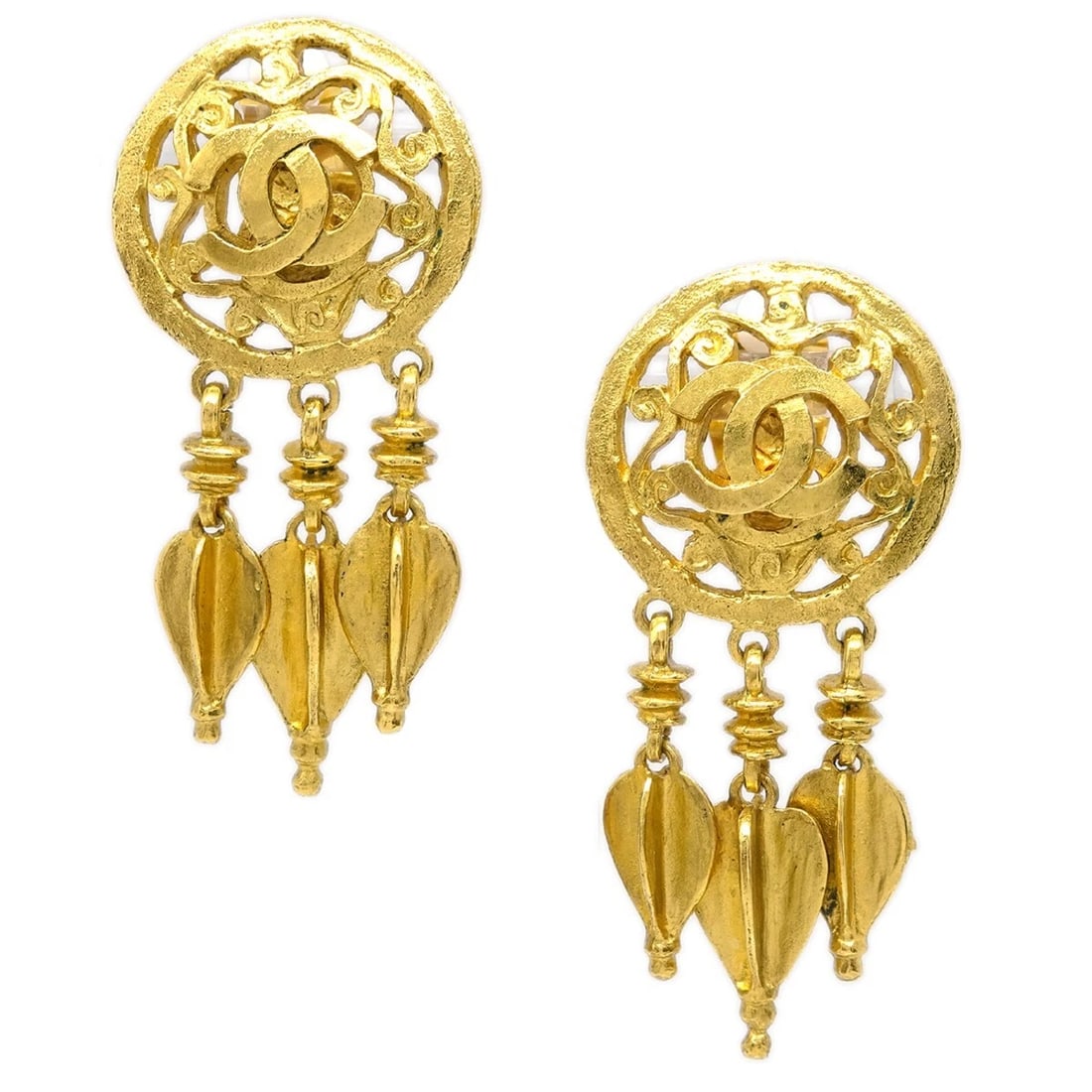 CHANEL DANGLE EARRINGS GOLD: "Chanel Dangle Earrings Gold Brand: CHANEL Type: Earrings Material: Gold-plated, Gold-plated, Color: Gold Size: , Size(Inch) :W 1.2 x H 2.4 ""Size(CM) :W 3.0 x H 6.0 cm Accessories: None A