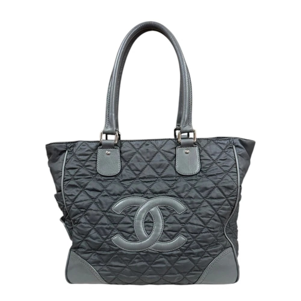 CHANEL TOTE BAG NYLON LEATHER: CHANEL Tote Bag Nylon leather Brand: CHANEL Type: Tote Bag Material: Exterior Material Nylon Color: Exterior Color gray Size: W13.8 x H12.2 x D5.5inch Accessories: None Accessories Notice: