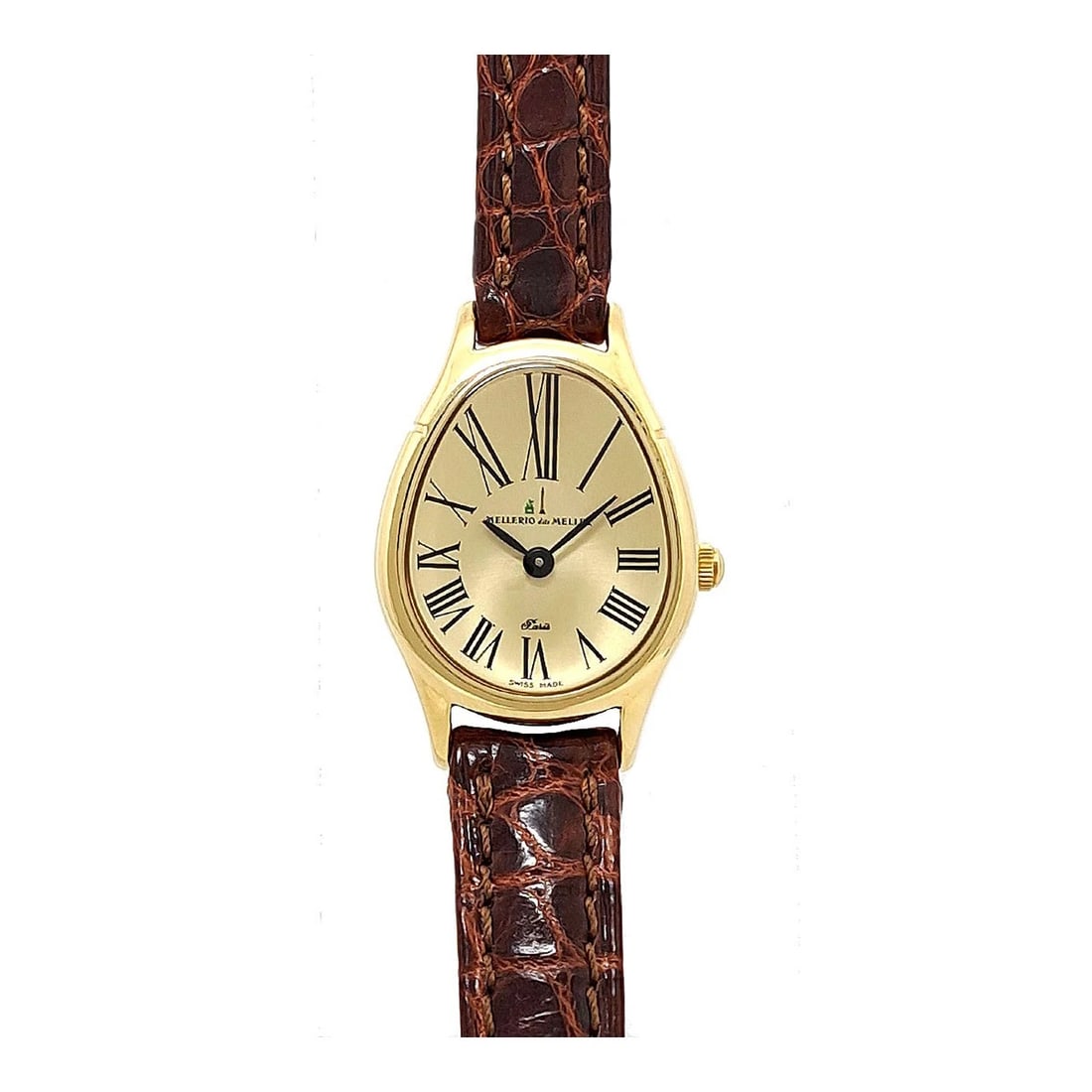 MELLERIO LANUF YELLOW GOLD WATCH: Mellerio Lanuf Yellow Gold Watch Brand: Mellerio Type: Wristwatch Material: Case Material: Yellow Gold Band (Strap)/Buckle Material: Leather/Yellow Gold Color: Dial Color Gold Size: Case Size: Approx.