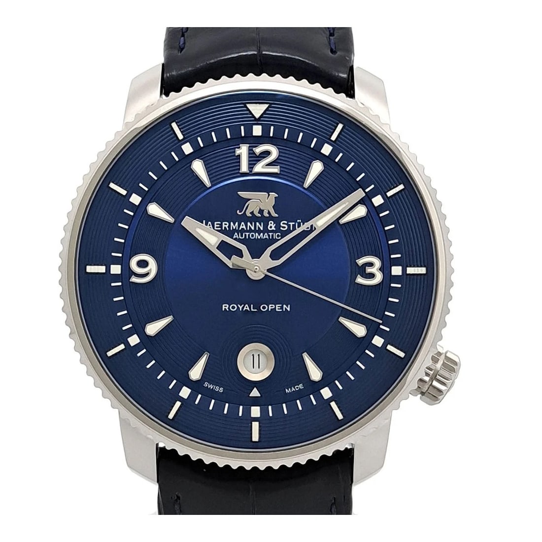 JAERMANN & STÜBI ROYAL STAINLESS STEEL WATCH: Jaermann & Stübi Royal Stainless Steel watch Brand: Jaermann & Stübi Type: Wristwatch Material: Case Material: Stainless Steel Band/Buckle Material: Leather/Stainless Steel Color: Dial Color Blue Si