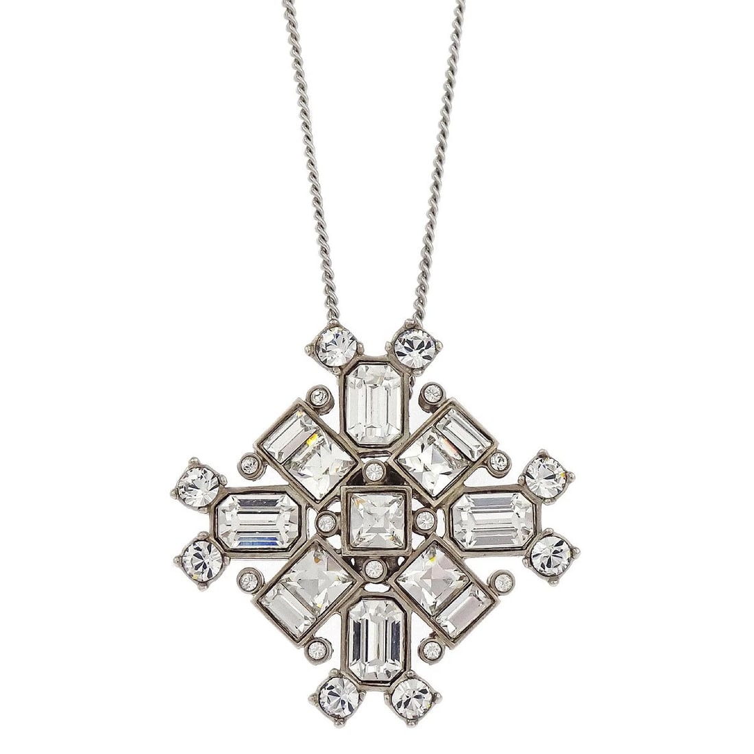 CHANEL RHOMBUS RHINESTONE SILVER CHAIN PENDANT NECKLACE: "Chanel Rhombus Rhinestone Silver Chain Pendant Necklace Brand: CHANEL Type: Necklace Material: Silver Plated, \ Color: Silver Size: Size (Inch) :Chain(Overall) : 16.5 "" Charm : W 1.2 x H 1.2 ""Size