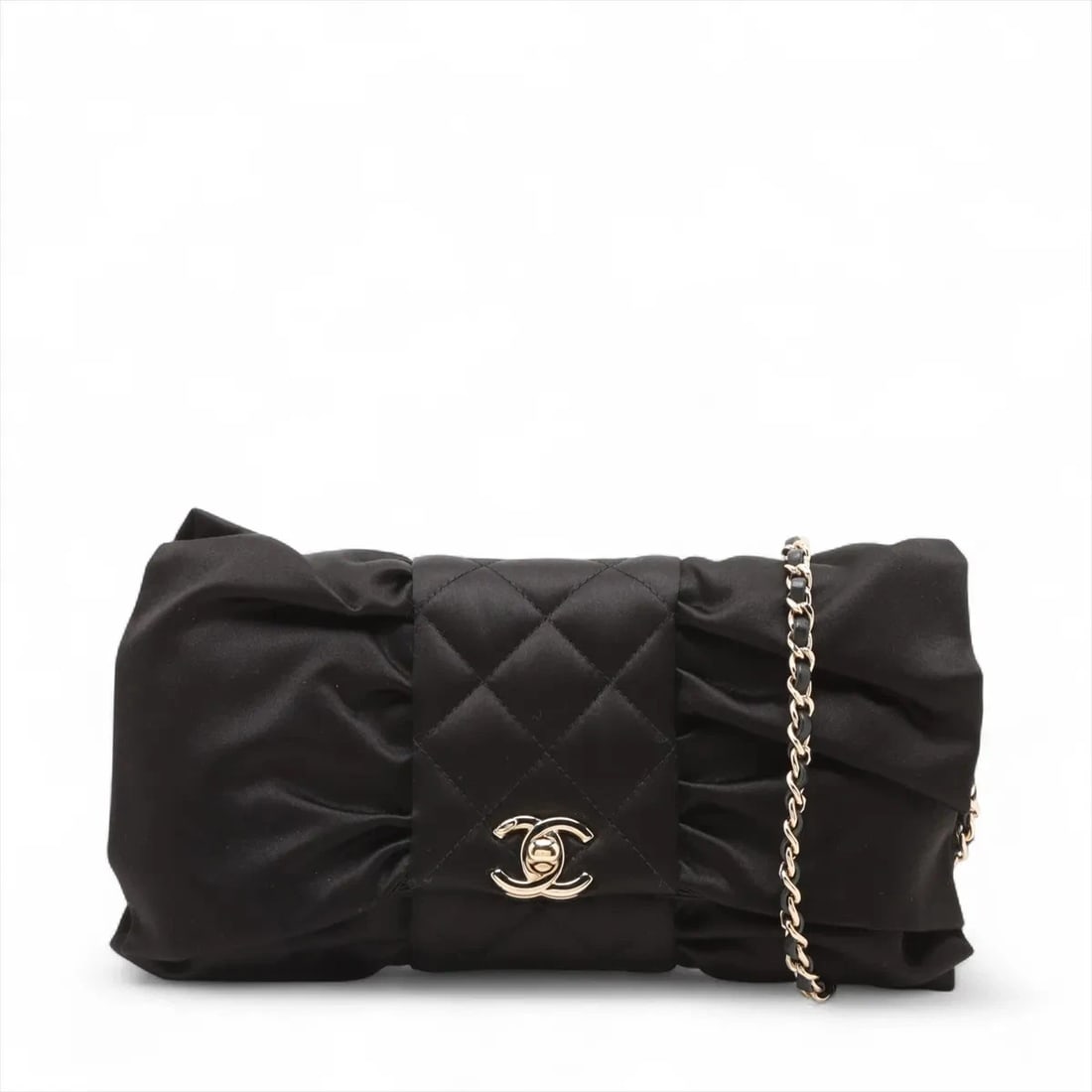 CHANEL MEDIÉTAL SATIN CHAIN SHOULDER BAG: Chanel Mediétal Satin Chain Shoulder Bag Brand: Chanel Type: Shoulder bag Material: Satin Color: Black Size: Height:4.5inch Length:7.7inch Depth:1.6inch Shoulder height:21.7inch Accessories: None