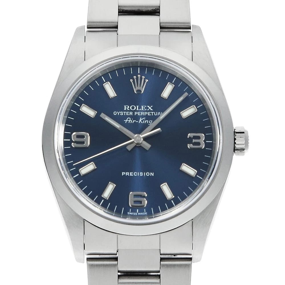 ROLEX AIR KING BLUE WHITE: ROLEX Air king blue white Brand: ROLEX Type: Wrist watch Material: Band Material Stainless Steel, Case Material Stainless Steel Color: Dial Color Blue Size: Case:W34mm Circumference of Wrist:19cm