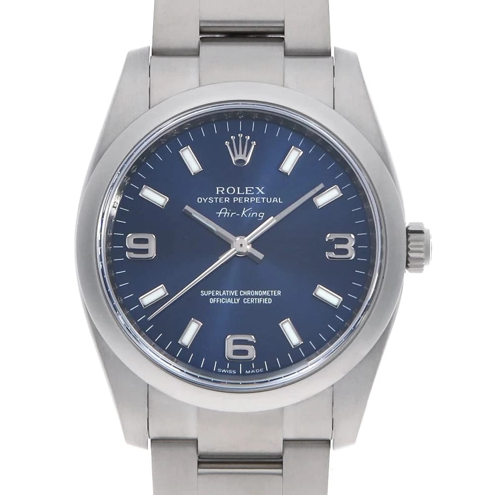 ROLEX AIR KING BLUE WHITE: ROLEX Air king blue white Brand: ROLEX Type: Wrist watch Material: Band Material Stainless Steel, Case Material Stainless Steel Color: Dial Color Blue Size: Case:W34mm Circumference of Wrist:18.5cm