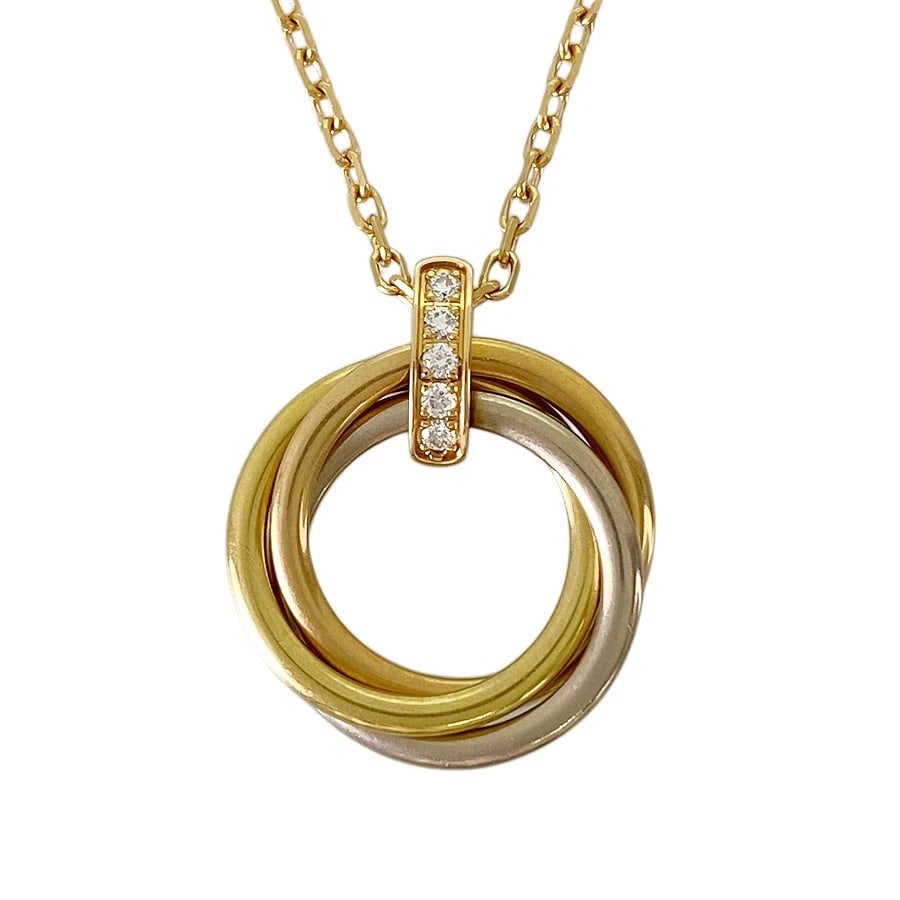 CARTIER TRINITY YELLOW GOLD DIAMOND NECKLACE: "Cartier Trinity Yellow gold Diamond Necklace Brand: Cartier Type: Necklace Material: 18K Yellow Gold 18K White Gold 18K Rose Gold Color: Gold Size: Top size: 0.7 ""x0.7"" Necklace Length: 16.1""Top s