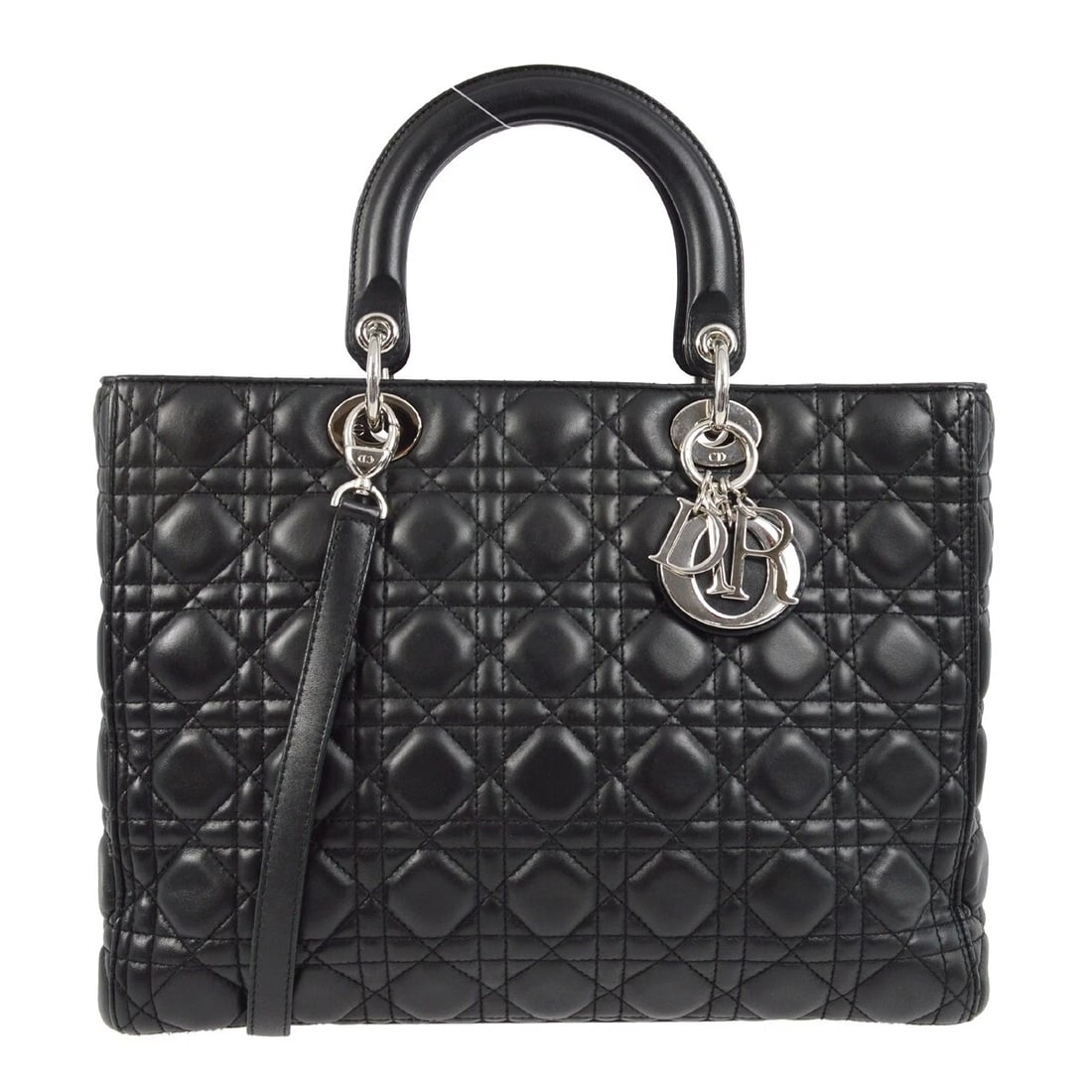 CHRISTIAN DIOR BLACK LAMBSKIN LADY DIOR CANNAGE 2WAY HANDBAG: Christian Dior Black Lambskin Lady Dior Cannage 2way Handbag Brand: Dior Type: Satchel/Top Handle Bag Material: Lambskin Color: Black Size: W 12.6 x H 10.2 x D 4.7 " Handle Drop. 3.9 " Strap Drop. 15.