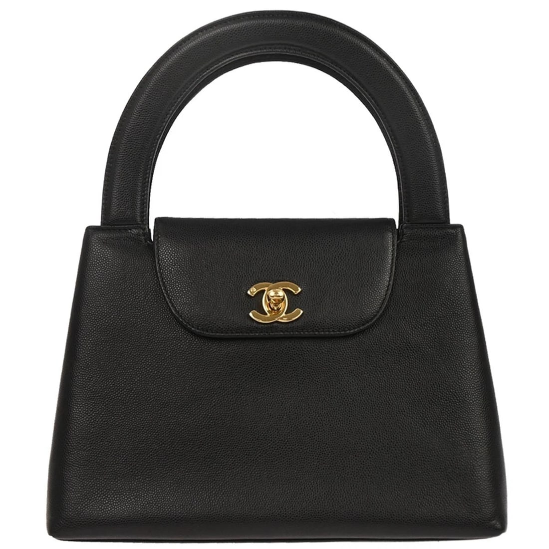 CHANEL BLACK CALFSKIN HANDBAG: Chanel Black Calfskin Handbag Brand: CHANEL Type: Top Handle Bag Material: Caviar skin leather Color: Black Size: W 9.4 x H 7.1 x D 3.1 " Handle Drop. 3.1 " Accessories: None Accessories N
