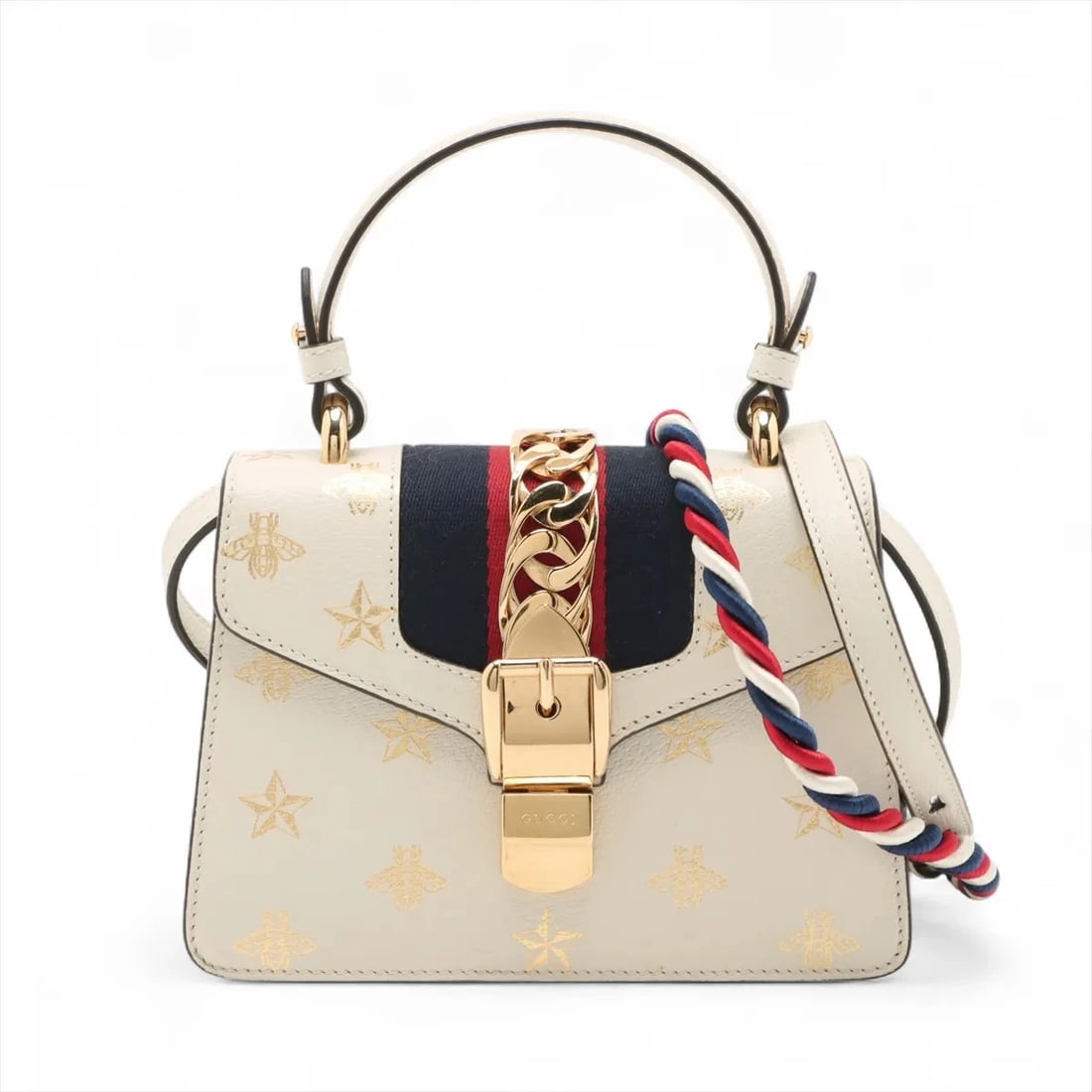 GUCCI SYLVIE 2 WAY HANDBAG: Gucci Sylvie 2 Way Handbag Brand: Gucci Type: Hand bag Material: Leather Color: White Size: Height:5.5inch Length:7.9inch Depth:3.1inch Handle height:3.7inch Accessories: None Accessories