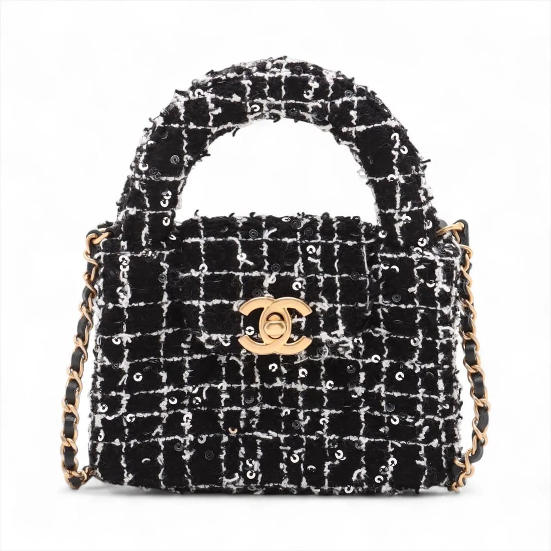 CHANEL MATELASSE TWEED X SEQUINS CHAIN SHOULDER BAG: Chanel Matelasse tweed x sequins Chain Shoulder Bag Brand: Chanel Type: Shoulder bag Material: Tweed x sequins Color: Black Size: Height:3.5inch Length:4.7inch Depth:1.6inch Handle height:1.4inch