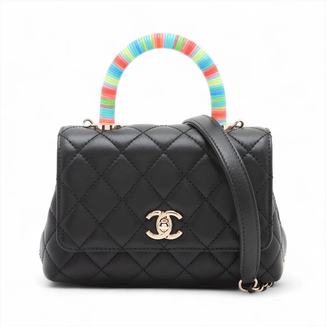 CHANEL COCO HANDLE 19 LAMBSKIN 2 WAY HANDBAG: Chanel Coco handle 19 Lambskin 2 Way Handbag Brand: Chanel Type: Hand bag Material: Lambskin Color: Black Size: Height:4.7inch Length:7.3inch Depth:3.3inch Handle height:2.4inch Accessories: None