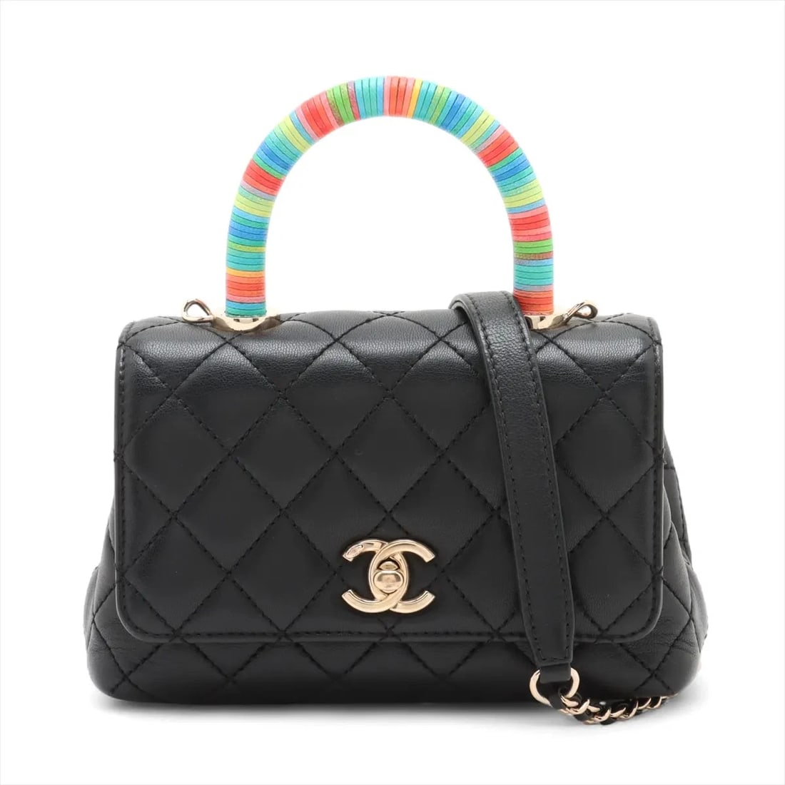 CHANEL COCO HANDLE 19 XXS LAMBSKIN 2 WAY HANDBAG: Chanel Coco handle 19 XXS Lambskin 2 Way Handbag Brand: Chanel Type: Hand bag Material: Lambskin Color: Black Size: Height:4.7inch Length:7.3inch Depth:3.3inch Handle height:2.4inch Accessories: N