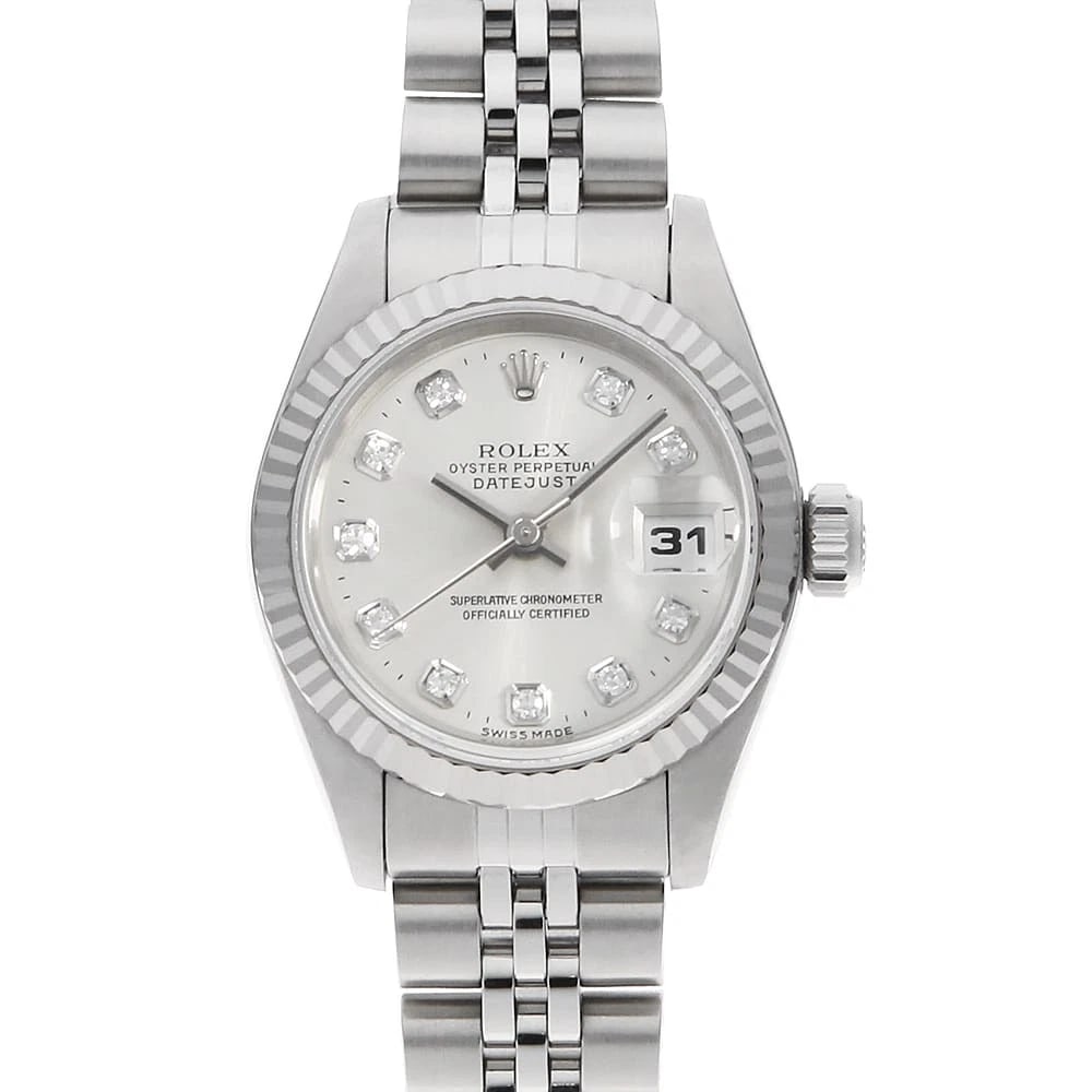 ROLEX DATEJUST DIAMOND SILVER: ROLEX Datejust Diamond Silver Brand: ROLEX Type: Wrist watch Material: Band Material Stainless Steel, Case Material Stainless Steel/White gold Color: Dial Color Silver Size: Case:W26mm Circumference o