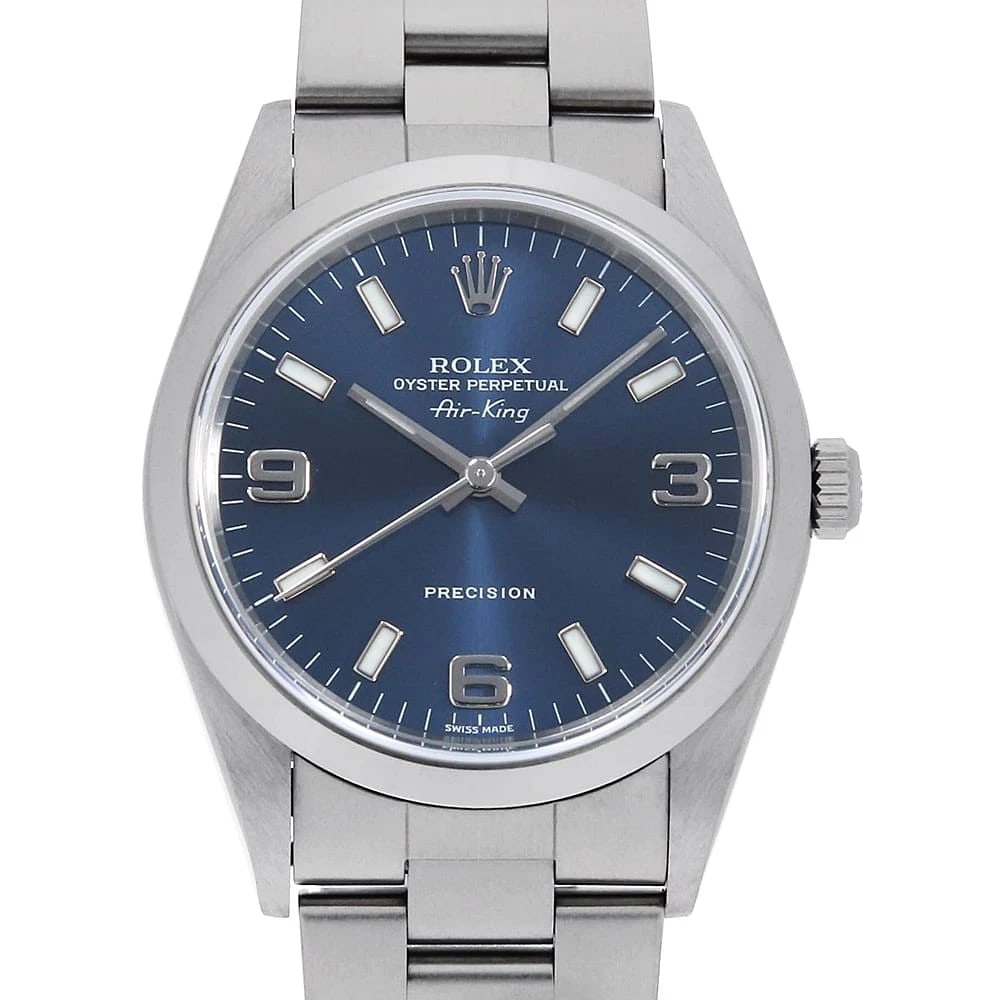 ROLEX AIR KING BLUE WHITE: ROLEX Air king blue white Brand: ROLEX Type: Wrist watch Material: Band Material Stainless Steel, Case Material Stainless Steel Color: Dial Color Blue Size: Case:W34mm Circumference of Wrist:18cm