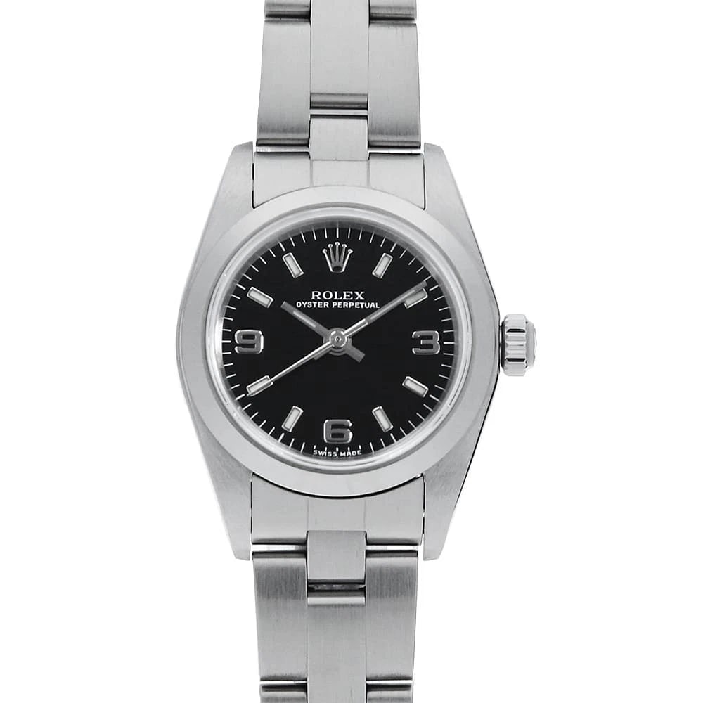 ROLEX OYSTER PERPETUAL BLACK WHITE: ROLEX Oyster perpetual black white Brand: ROLEX Type: Wrist watch Material: Band Material Stainless Steel, Case Material Stainless Steel Color: Dial Color Black Size: Case:W23.5mm Circumference of Wri