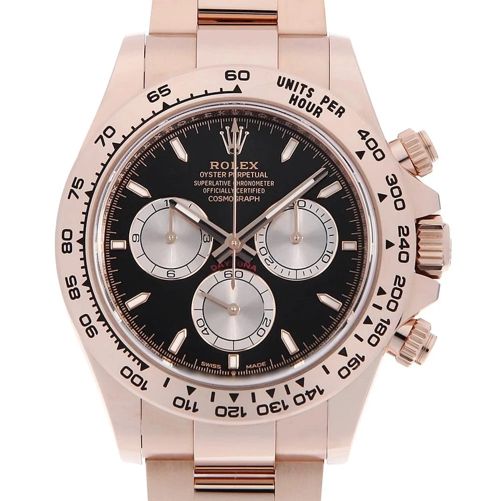 ROLEX COSMOGRAPH DAYTONA BLACK AND SAND DUST: ROLEX Cosmograph Daytona black and Sand Dust Brand: ROLEX Type: Wrist watch Material: Band Material Everose Gold, Case Material Everose Gold Color: Dial Color Black Size: Case:W40mm Circumference of