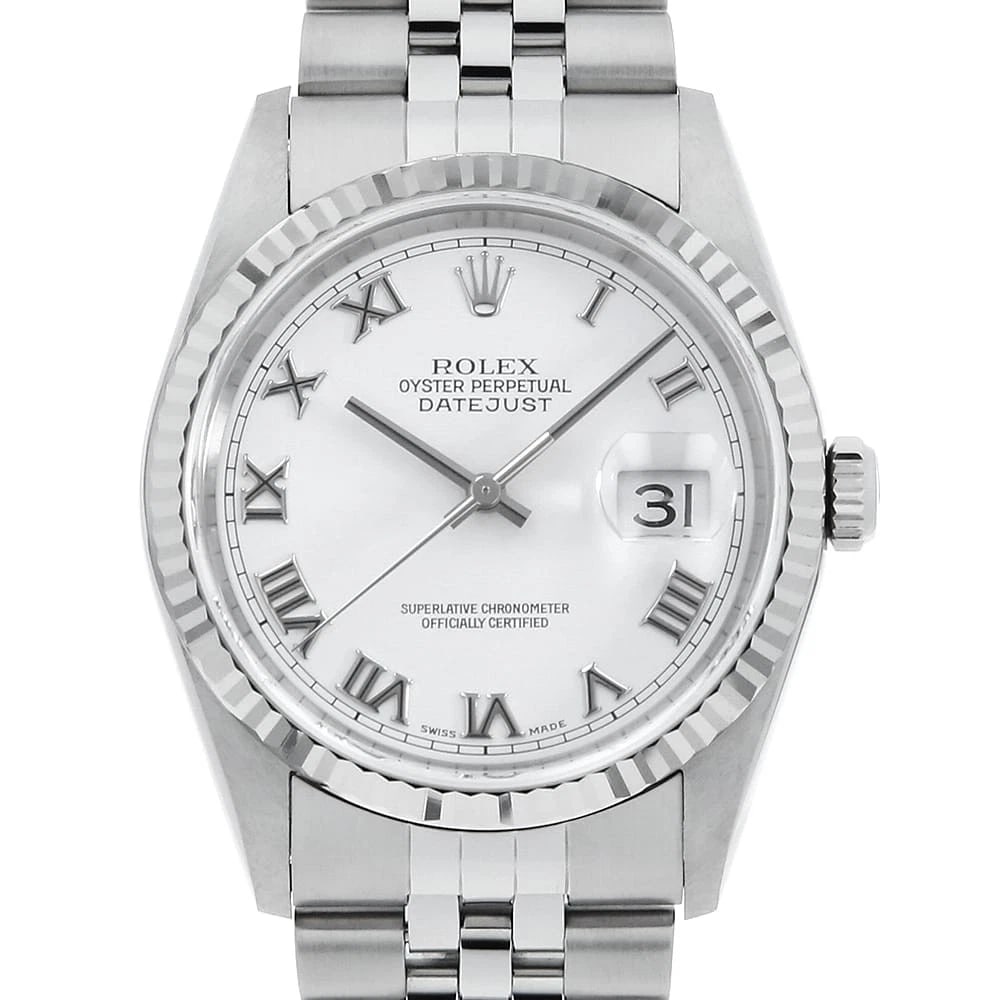 ROLEX DATEJUST WHITE: ROLEX Datejust white Brand: ROLEX Type: Wrist watch Material: Band Material Stainless Steel, Case Material Stainless Steel/White gold Color: Dial Color White Size: Case:W36mm Circumference of Wrist:18