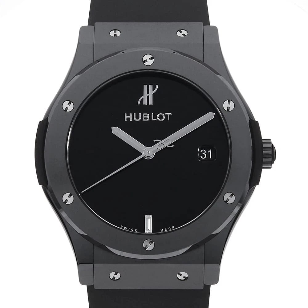 HUBLOT CLASSIC FUSION: HUBLOT Classic Fusion Brand: HUBLOT Type: Wrist watch Material: Band Material rubber, Case Material Ceramic Color: Dial Color Black Size: Case:W45mm Circumference of Wrist:21.5cm Accessories: None