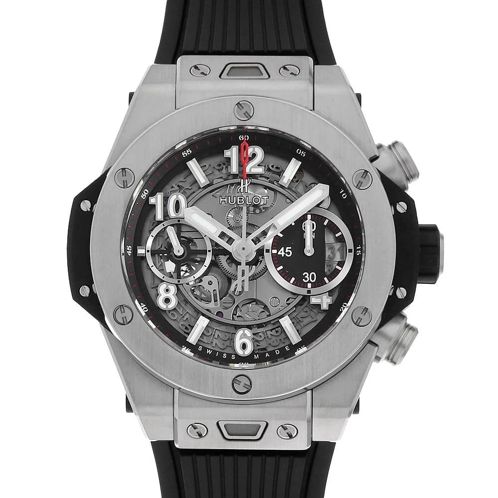 HUBLOT BIG BANG TITANIUM: HUBLOT Big Bang Titanium Brand: HUBLOT Type: Wrist watch Material: Band Material rubber, Case Material Titanium Color: Dial Color Skeleton Size: Case:W42mm Accessories: None Accessories No