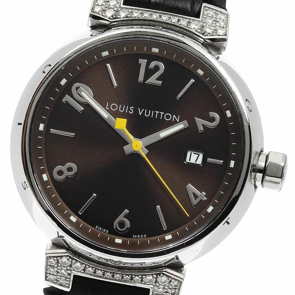 LOUIS VUITTON TAMBOUR DATE QUARTZ WATCH: Louis Vuitton Tambour Date Quartz Watch Brand: Louis Vuitton Type: wristwatch Material: Case Material: Stainless Steel (SS)Strap Material: Leather Color: Dial Color brown Size: Case Size: Approximatel