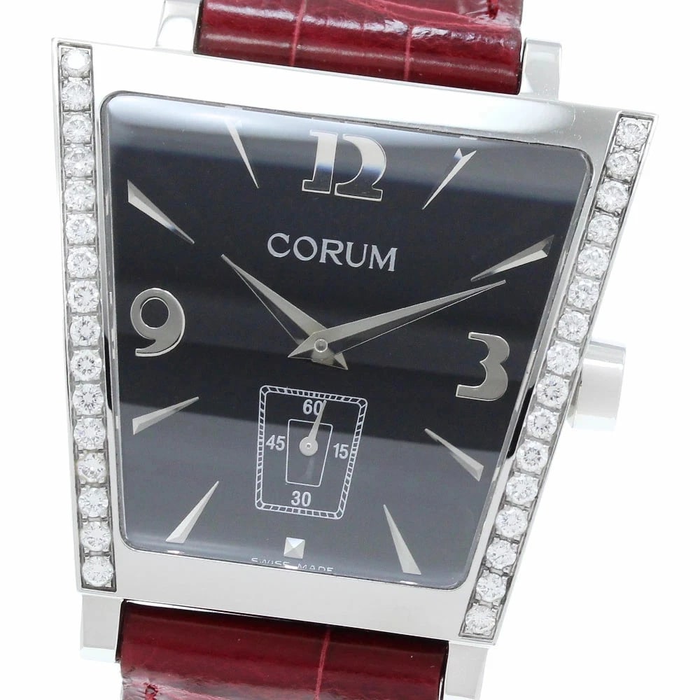 CORUM TRAPEZE DIAMOND BEZEL QUARTZ SMALL SECONDS WATCH: Corum Trapeze Diamond Bezel Quartz Small Seconds Watch Brand: Corum Type: wristwatch Material: Case Material: Stainless Steel (SS)Strap Material: Leather Color: Dial Color black Size: case measures ap