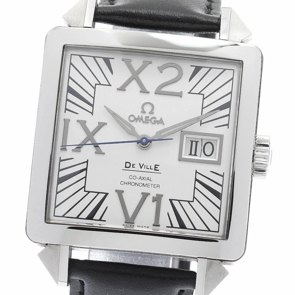 OMEGA DE VILLE CO-AXIAL BIG DATE WATCH: Omega De Ville Co-Axial Big Date Watch Brand: Omega Type: wristwatch Material: Case Material: Stainless Steel Band Material: leather Color: Dial Color silver Size: Case Size: Approx. 35mm strap length