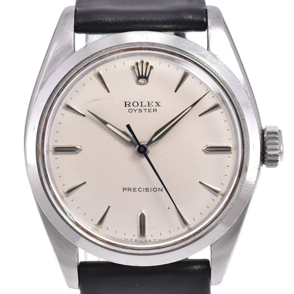 ROLEX OYSTER PRECISION WATCH: ROLEX Oyster Precision Watch Brand: ROLEX Type: Wristwatch Material: Case Material Stainless Steel, Band Material leather Color: Case Color Silver, Dial Color Silver, Band color black Size: Case size 