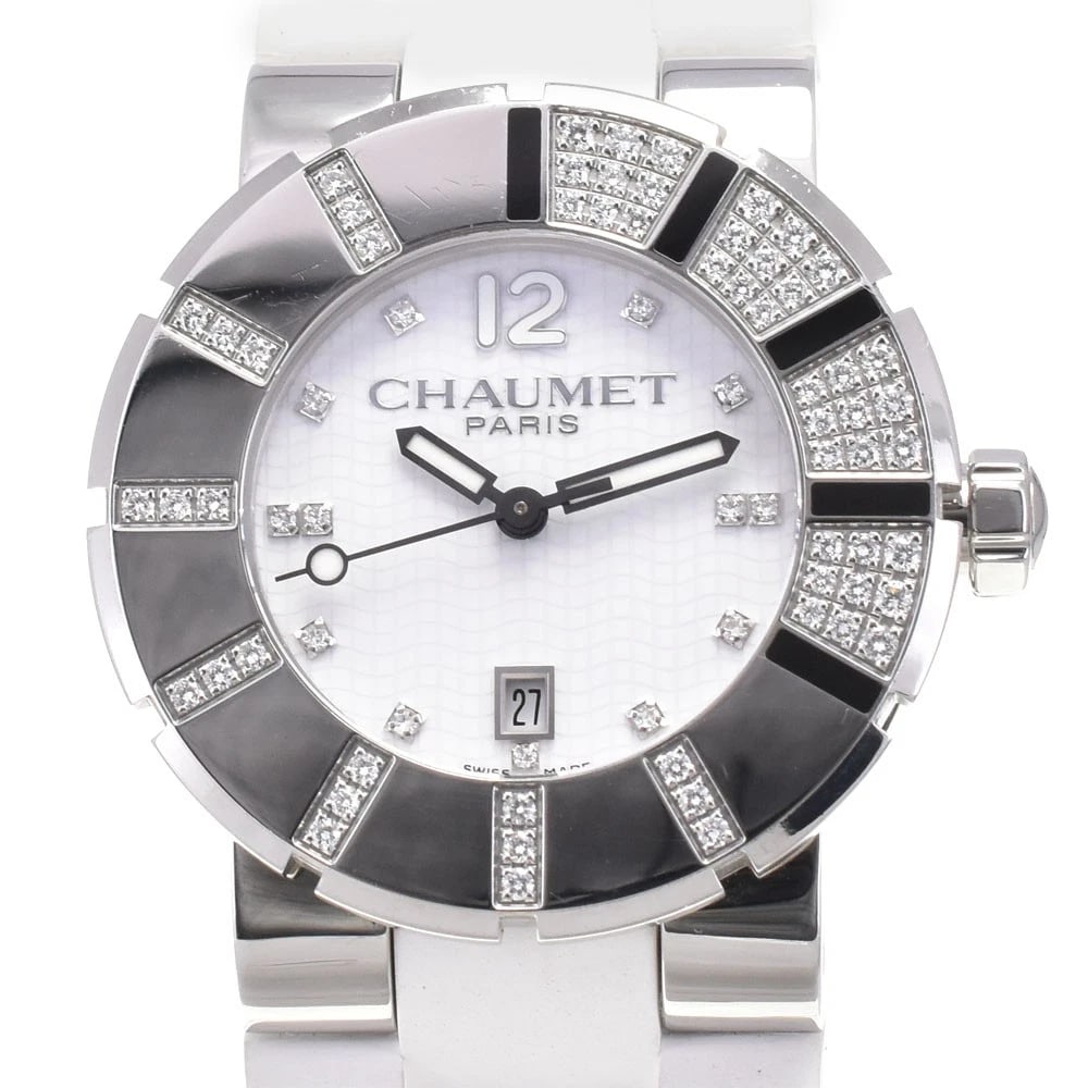 CHAUMET DIAMOND DATE WHITE QUARTZ WATCH: Chaumet Diamond date white Quartz Watch Brand: Chaumet Type: Wristwatch Material: Case Material Stainless Steel, Band Material rubber Color: Case Color Silver, Dial Color white, Band color white Size: