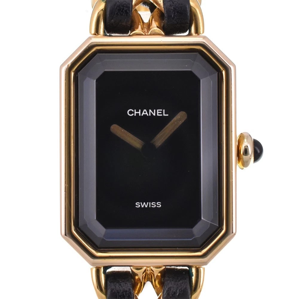 CHANEL PREMIERE BLACK WATCH: CHANEL Premiere black Watch Brand: CHANEL Type: Wristwatch Material: Case Material Gold Plated, Band Material Gold Plated / Leather Color: Case Color gold, Dial Color black, Band color Gold / Black Si