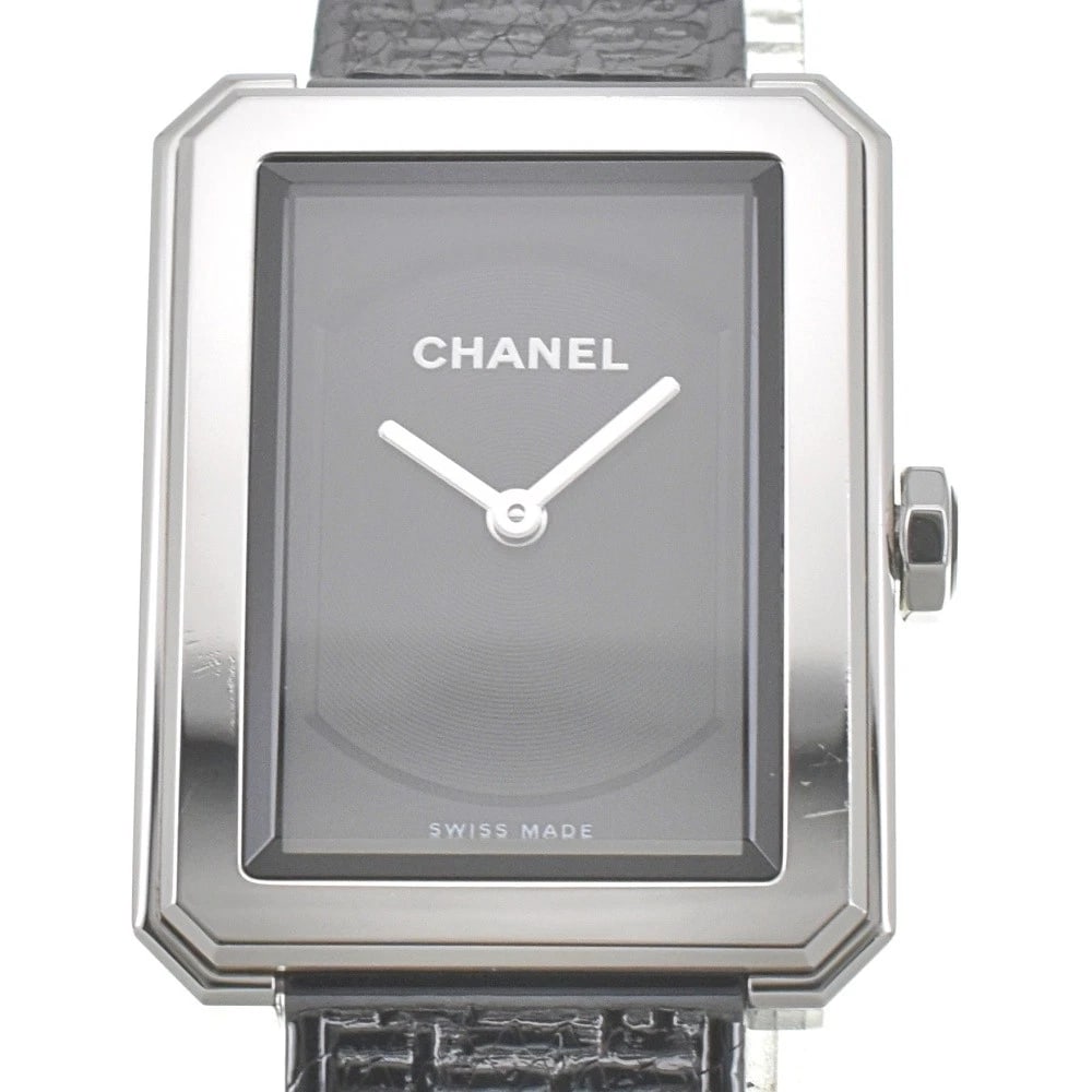CHANEL BLACK WATCH: CHANEL black Watch Brand: CHANEL Type: Wristwatch Material: Case Material Stainless Steel, Band Material Stainless Steel Color: Case Color Silver, Dial Color black, Band color black Size: Case size Ab