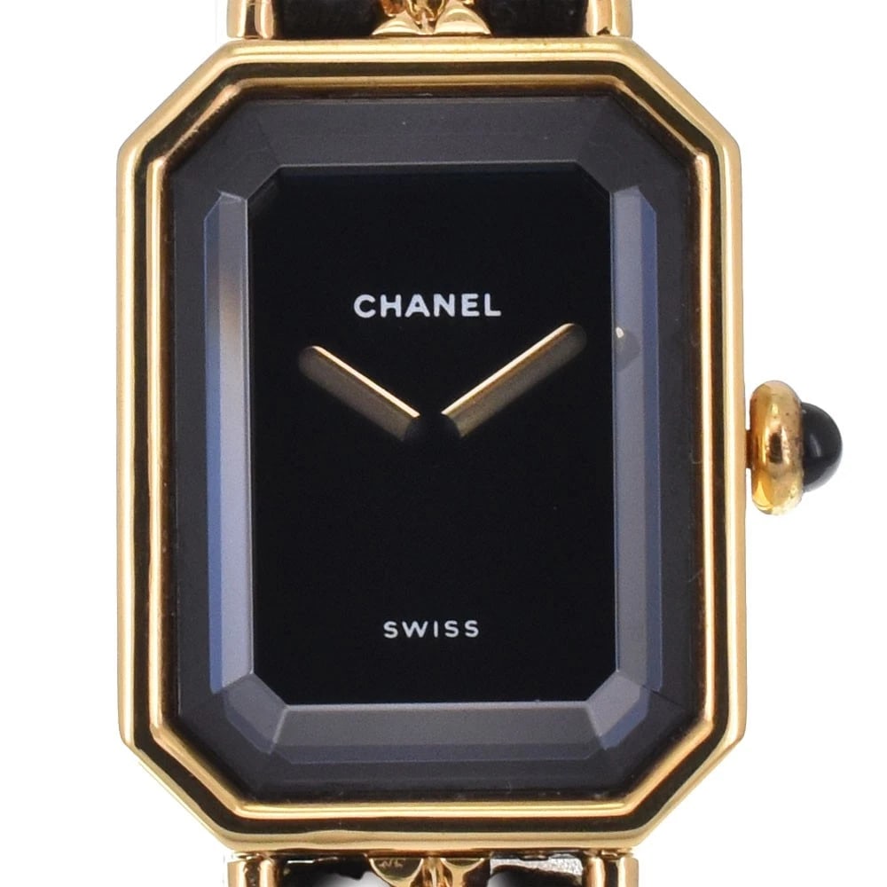 CHANEL PREMIERE BLACK WATCH: CHANEL Premiere black Watch Brand: CHANEL Type: Wristwatch Material: Case Material Gold Plated, Band Material Gold Plated / Leather Color: Case Color gold, Dial Color black, Band color Gold / Black Si