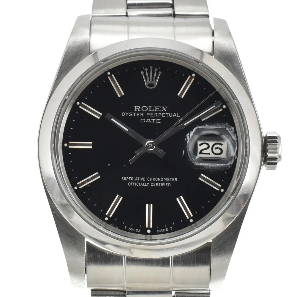 ROLEX OYSTER PERPETUAL DATE WATCH: ROLEX Oyster perpetual date Watch Brand: ROLEX Type: Wristwatch Material: Case Material Stainless Steel, Band Material Stainless Steel Color: Case Color Silver, Dial Color black, Band color Silver Siz