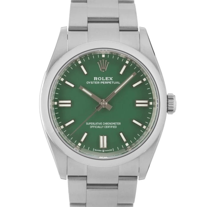 ROLEX OYSTER PERPETUAL GREEN WATCH: ROLEX Oyster Perpetual Green Watch Brand: ROLEX Type: Wristwatch Material: Case Material Stainless Steel, Band Material Stainless Steel Color: Case Color Silver, Dial Color Green, Band color Silver Si