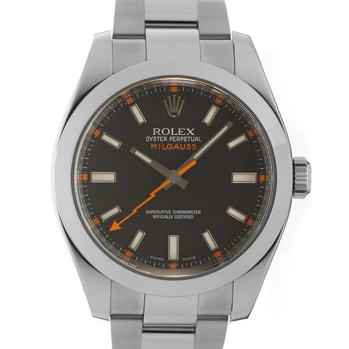 ROLEX MILGAUSS BLACK WATCH: ROLEX Milgauss Black Watch Brand: ROLEX Type: Wristwatch Material: Case Material Stainless Steel, Band Material Stainless Steel Color: Case Color Silver, Dial Color Black, Band color Silver Size: Case