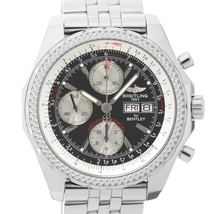 BREITLING BENTLEY WATCH: BREITLING Bentley Watch Brand: BREITLING Type: Wristwatch Material: Case Material Stainless Steel, Band Material Stainless Steel Color: Case Color Silver, Dial Color Black, Band color Silver Size: Cas