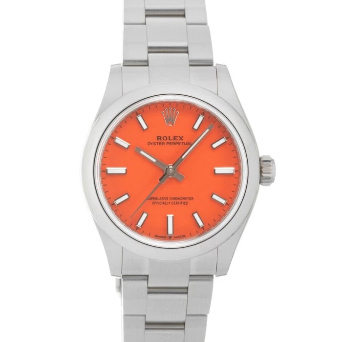 ROLEX OYSTER PERPETUAL CORAL RED WATCH: ROLEX Oyster Perpetual Coral Red Watch Brand: ROLEX Type: Wristwatch Material: Case Material Stainless steel, Band Material Stainless steel Color: Case Color Silver, Dial Color Coral Red, Band color S