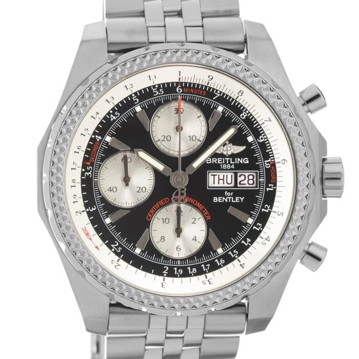 BREITLING BENTLEY CHRONOGRAPH DATE WATCH: BREITLING Bentley Chronograph Date Watch Brand: BREITLING Type: Wristwatch Material: Case Material Stainless Steel, Band Material Stainless Steel Color: Case Color Silver, Dial Color NONE, Band color 