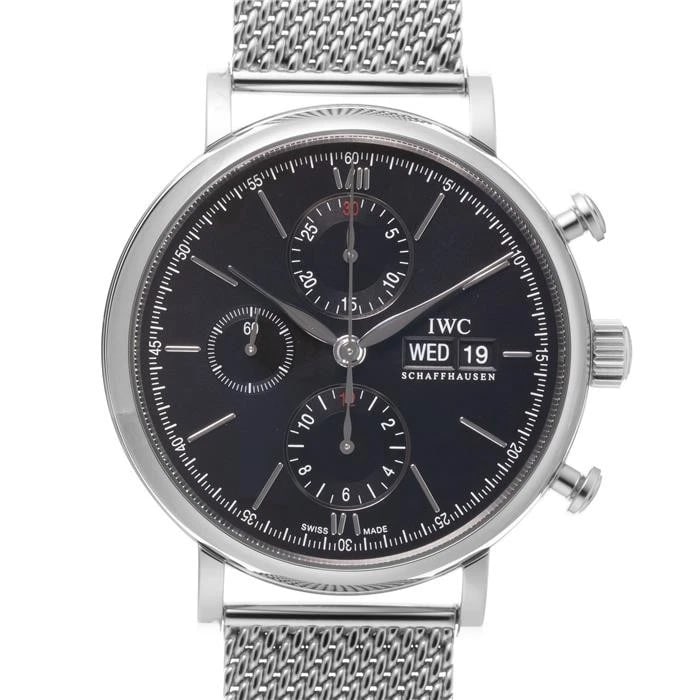 IWC PORTOFINO CHRONOGRAPH WATCH: IWC Portofino Chronograph Watch Brand: IWC Type: Wristwatch Material: Case Material Stainless Steel, Band Material Stainless Steel Color: Case Color Silver, Dial Color Black, Band color Silver Size: C