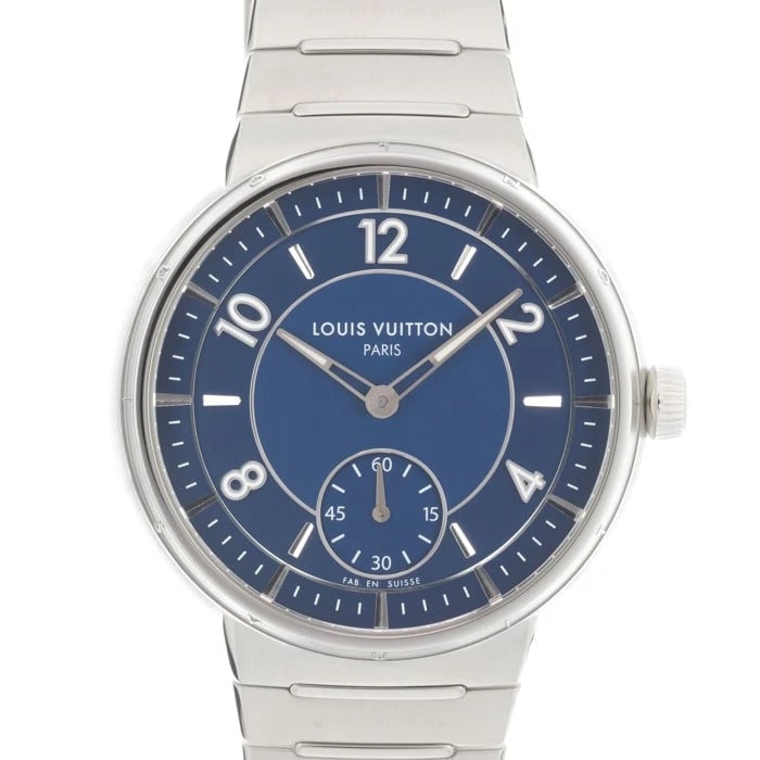LOUIS VUITTON TAMBOUR AUTOMATIC WATCH: LOUIS VUITTON Tambour Automatic Watch Brand: LOUIS VUITTON Type: Wristwatch Material: Case Material Stainless Steel, Band Material Stainless Steel Color: Case Color Silver, Dial Color Blue, Band color