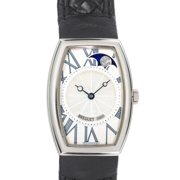 BREGUET HERITAGE TONNEAU WATCH: BREGUET Heritage Tonneau Watch Brand: Breguet Type: Wristwatch Material: Case Material White Gold, Band Material Calf, Satin Color: Case Color Silver, Dial Color Silver, Band color Black Size: Case Si