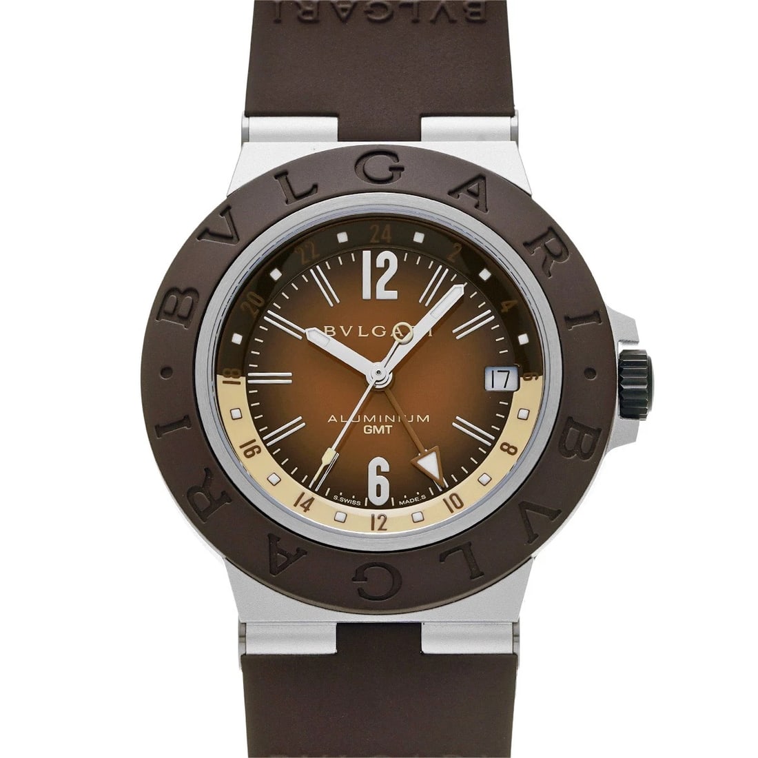 BVLGARI ALUMINUM BROWN WATCH: BVLGARI Aluminum Brown Watch Brand: BVLGARI Type: Wristwatch Material: Band Material rubber, Case Material aluminum Color: Dial Color Brown Size: ??Case? H/about 40mm W/about 40mm D/about 10mm
