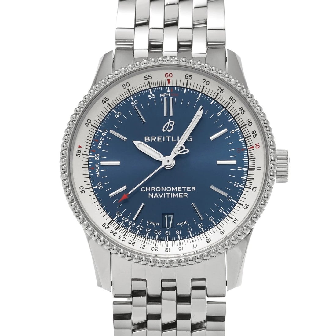 BREITLING NAVITIMER BLUE WATCH: BREITLING Navitimer blue Watch Brand: BREITLING Type: Wristwatch Material: Band Material Stainless steel, Case Material Stainless steel Color: Dial Color blue Size: ??Case? H/about 38mm W/about 38mm