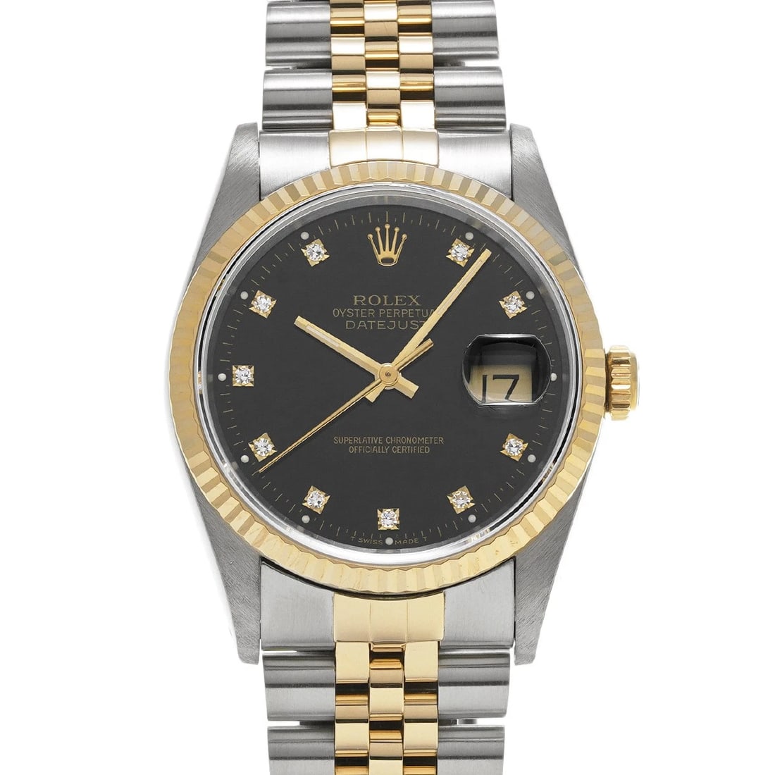 ROLEX DATEJUST BLACK DIAMOND WATCH: ROLEX Datejust black diamond Watch Brand: ROLEX Type: Wristwatch Material: Band Material Stainless steel/Yellow Gold, Case Material Stainless steel Color: Dial Color black/diamond Size: ??Case? H/abou