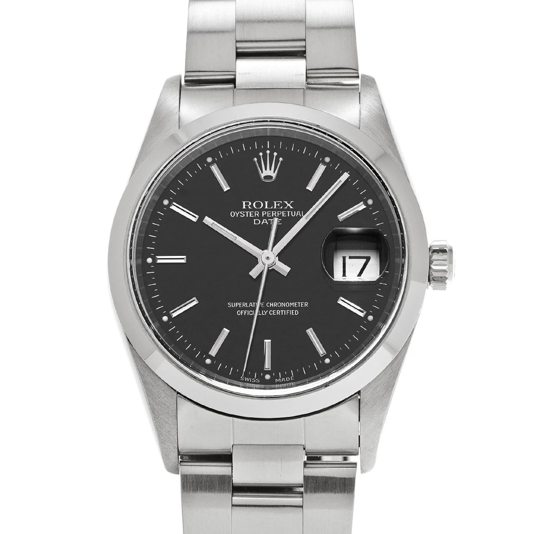 ROLEX OYSTER PERPETUAL DATE BLACK WATCH: ROLEX Oyster Perpetual Date black Watch Brand: ROLEX Type: Wristwatch Material: Band Material Stainless steel, Case Material Stainless steel Color: Dial Color black Size: ??Case? H/about 34mm W/about