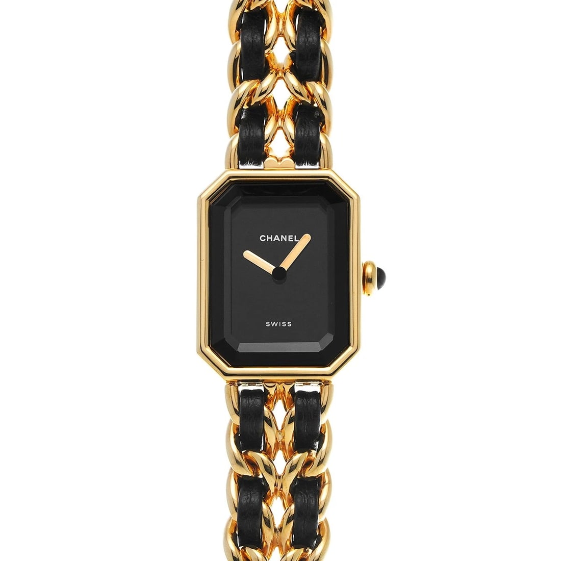 CHANEL PREMIRE BLACK WATCH: CHANEL Premire black Watch Brand: CHANEL Type: Wristwatch Material: Band Material Yellow gold plated/leather, Case Material Yellow gold plated Color: Dial Color black Size: ??Case? H/about 26mm W/abou